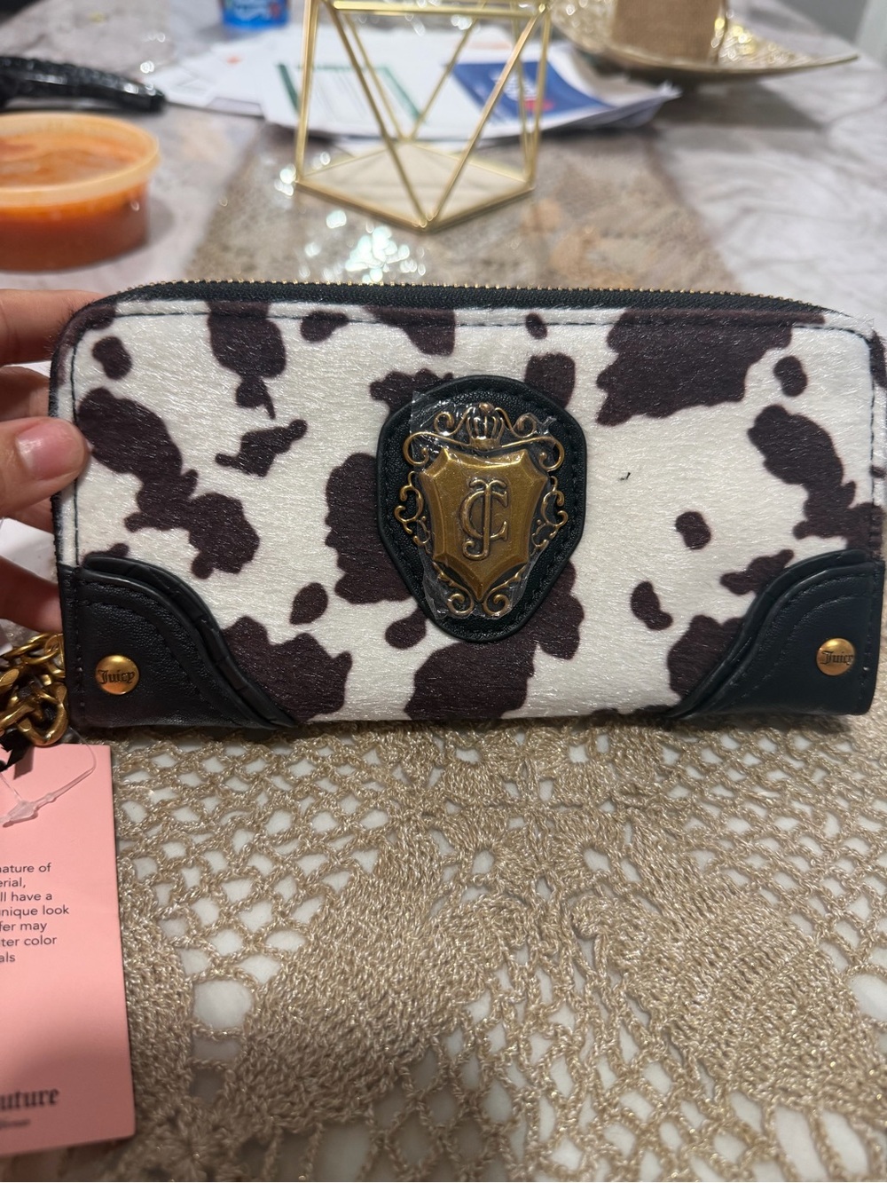 Juicy Couture Brown & White Cow-Print Zip Wallet with Crest